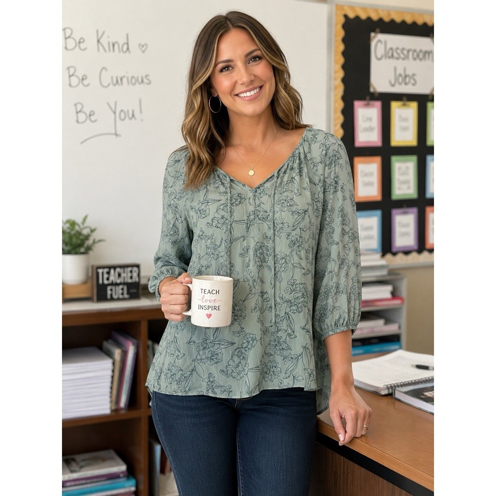 Como Blu Sage Green Floral Peasant Blouse | Size Large | Boho Cottagecore